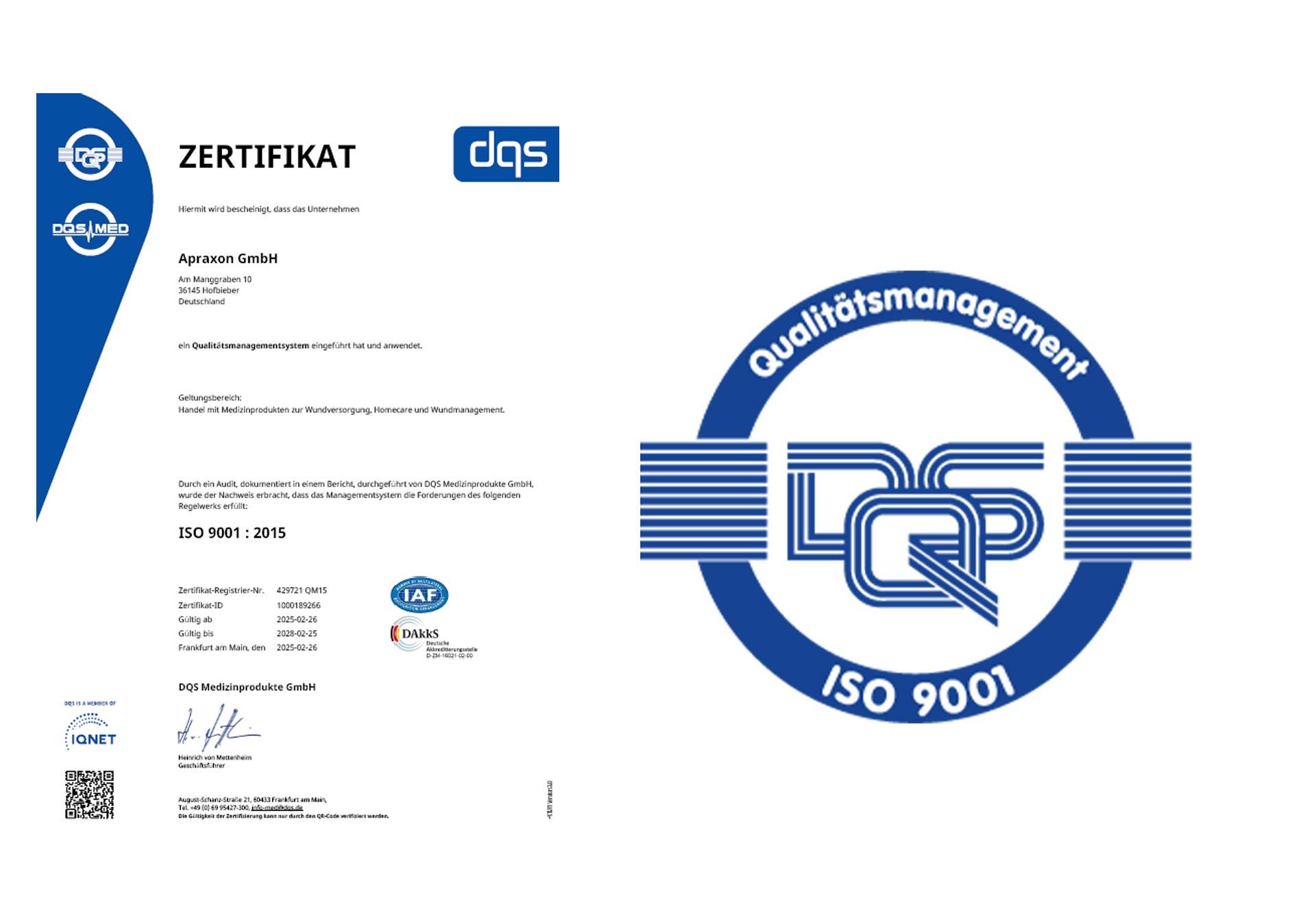 Siegel und Zertifikat der ISO 9001 Zertifizierung der apraxon Gruppe